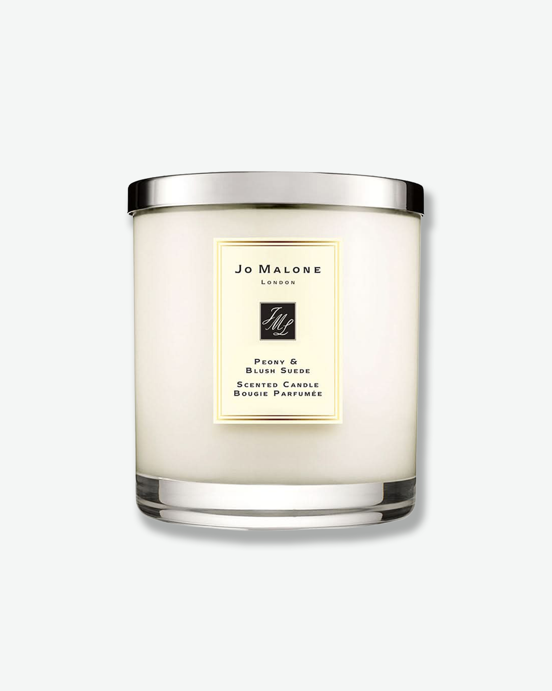 Jo Malone candle with a white label on a light gray background