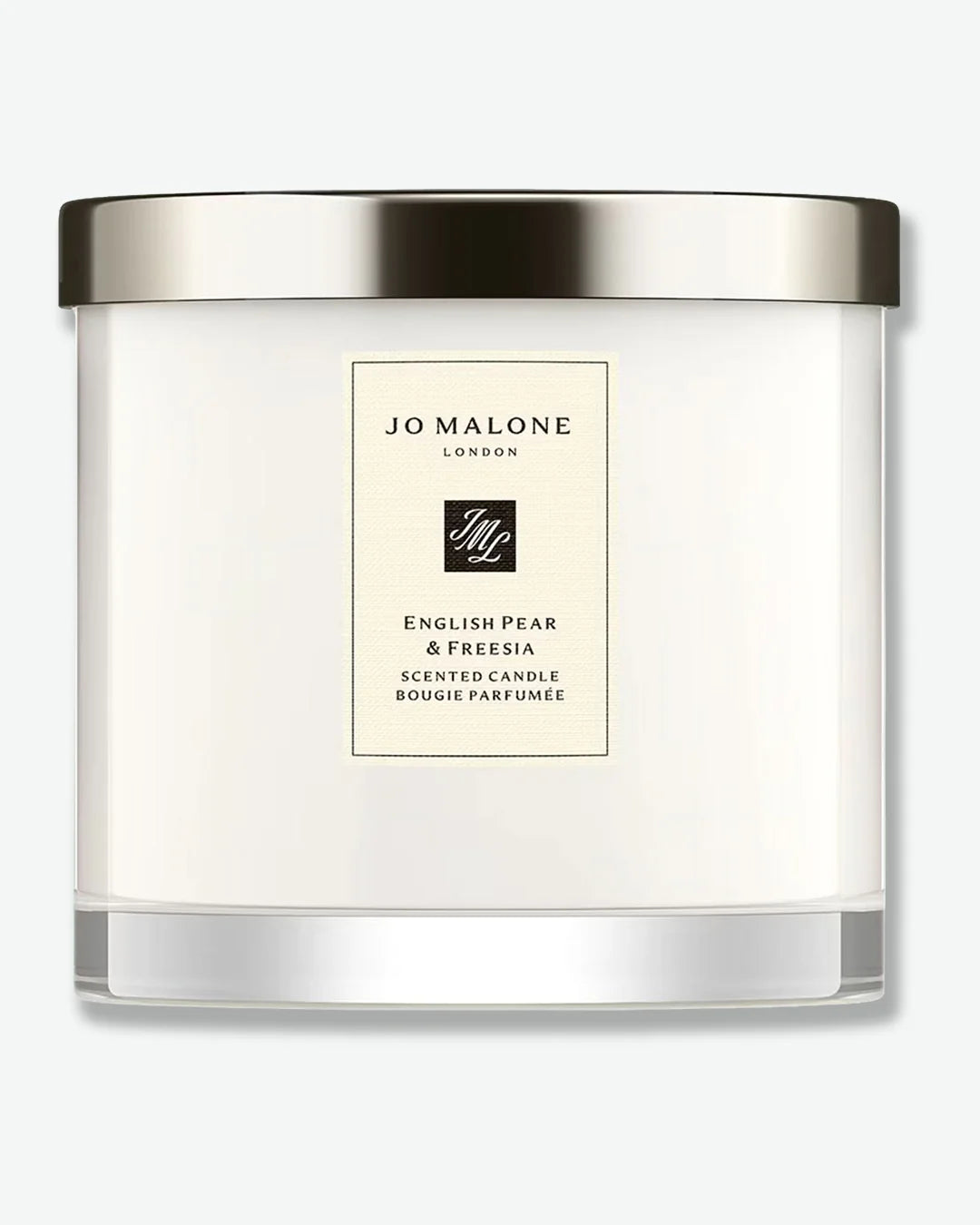 Jo Malone English Pear & Freesia scented candle in a glass jar with silver lid on a white background