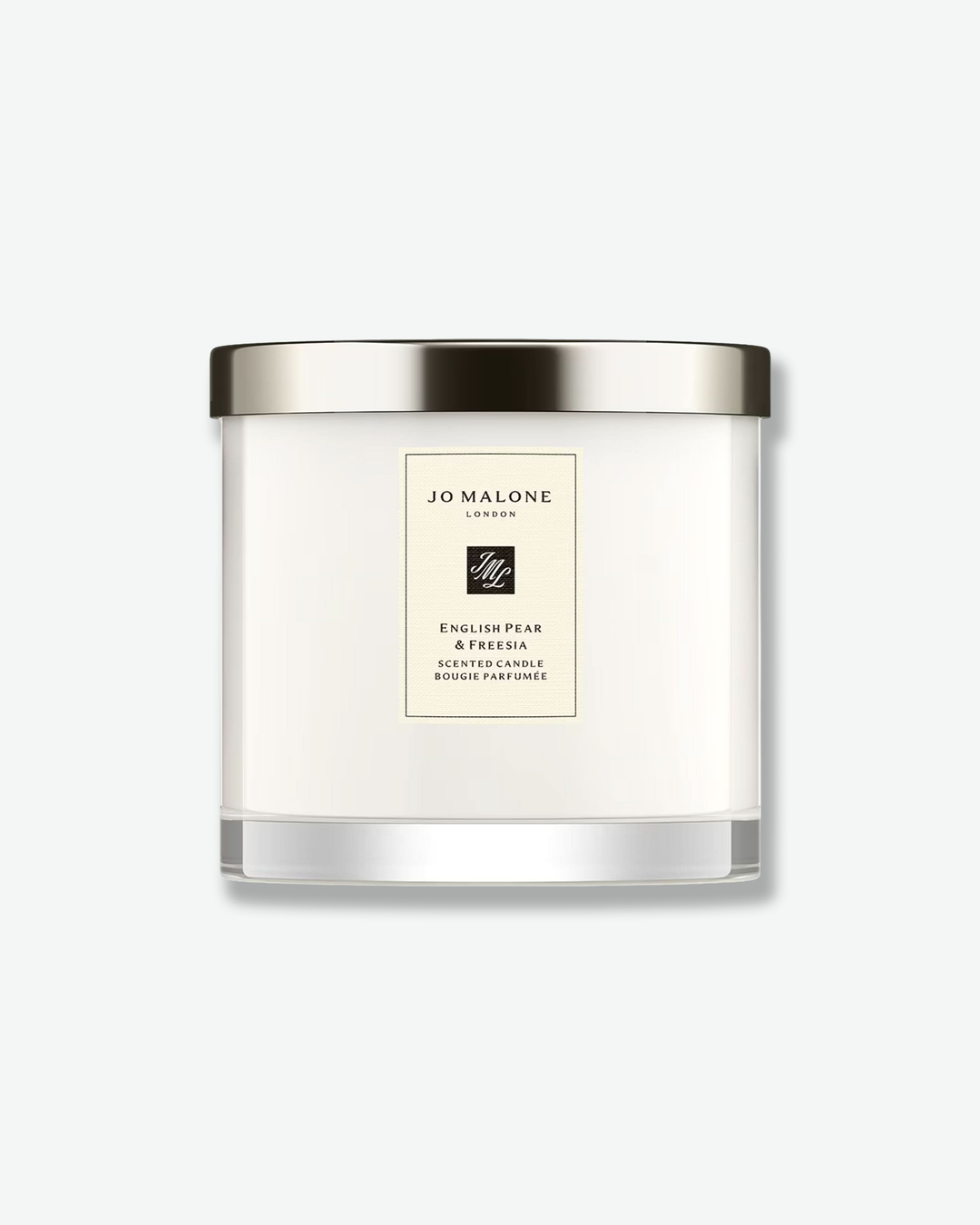 Jo Malone candle with silver lid on a white background