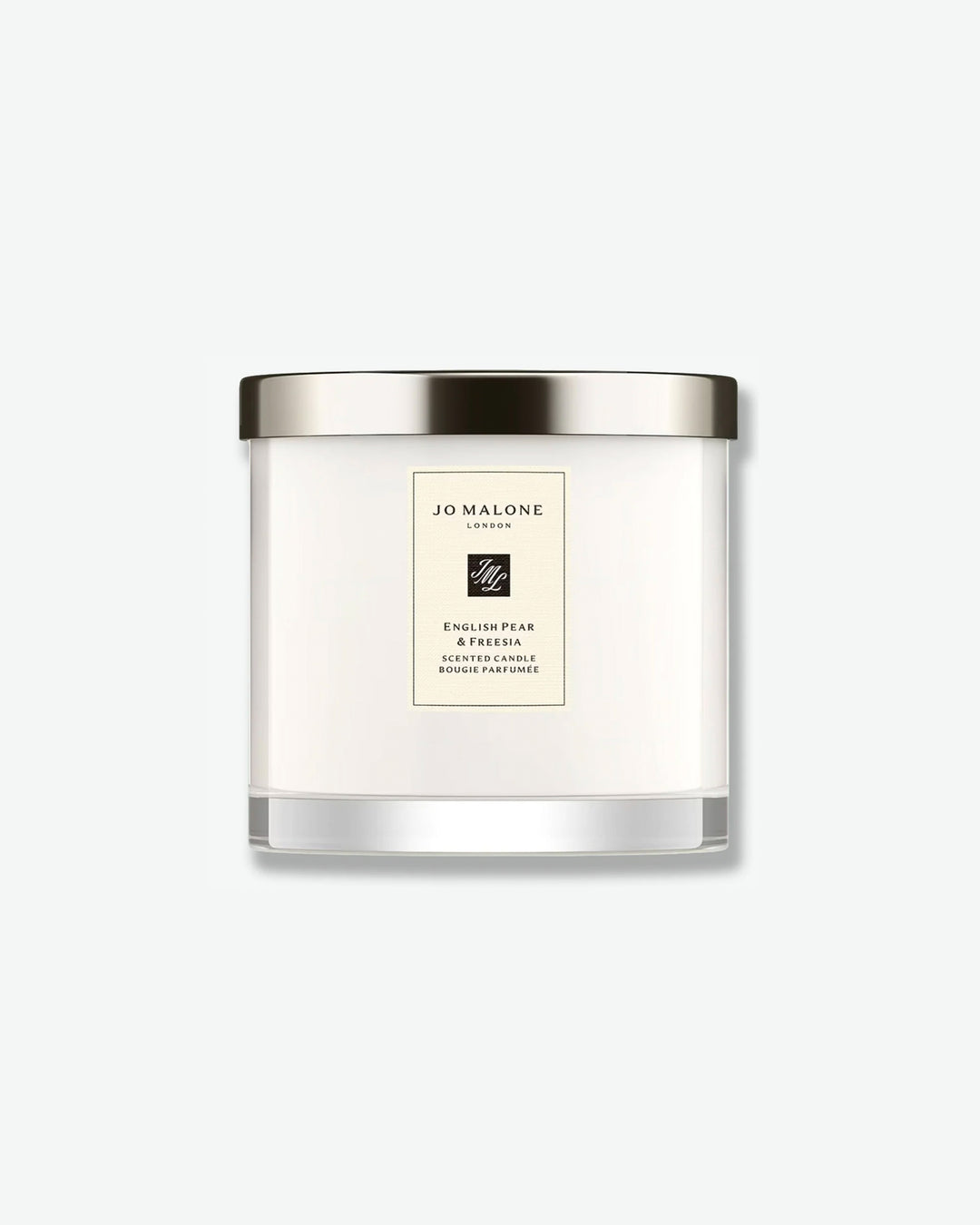 Jo Malone candle with silver lid on a white background