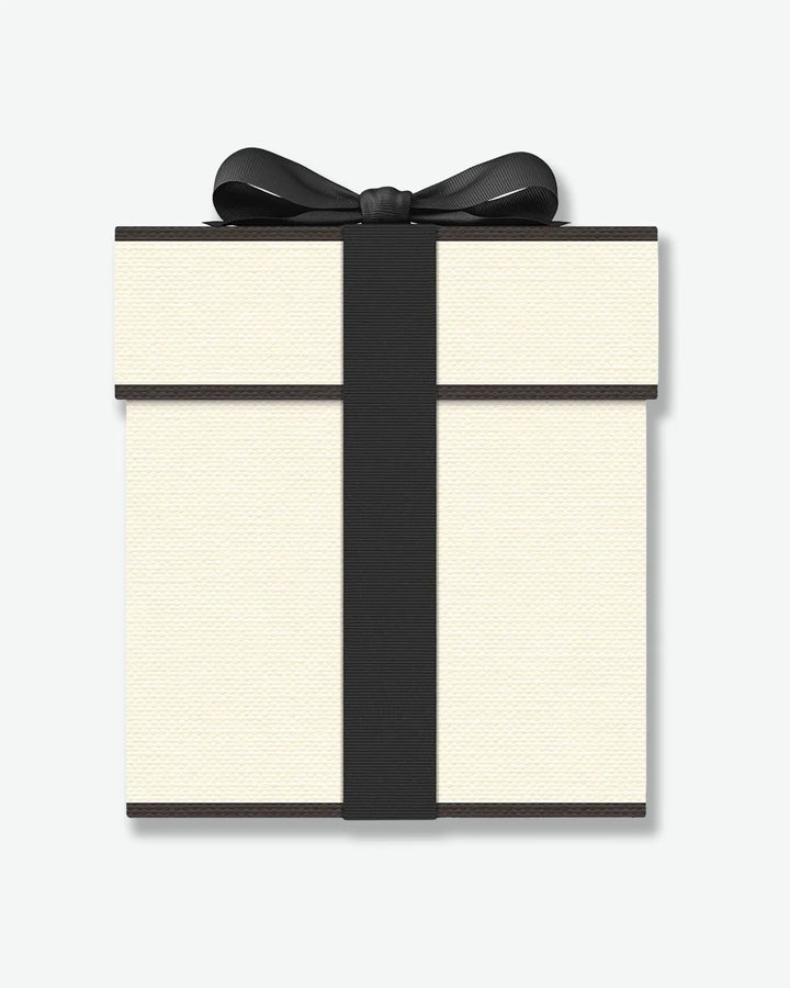 Signature Jo Malone London cream colored gift box with a black ribbon on a white background
