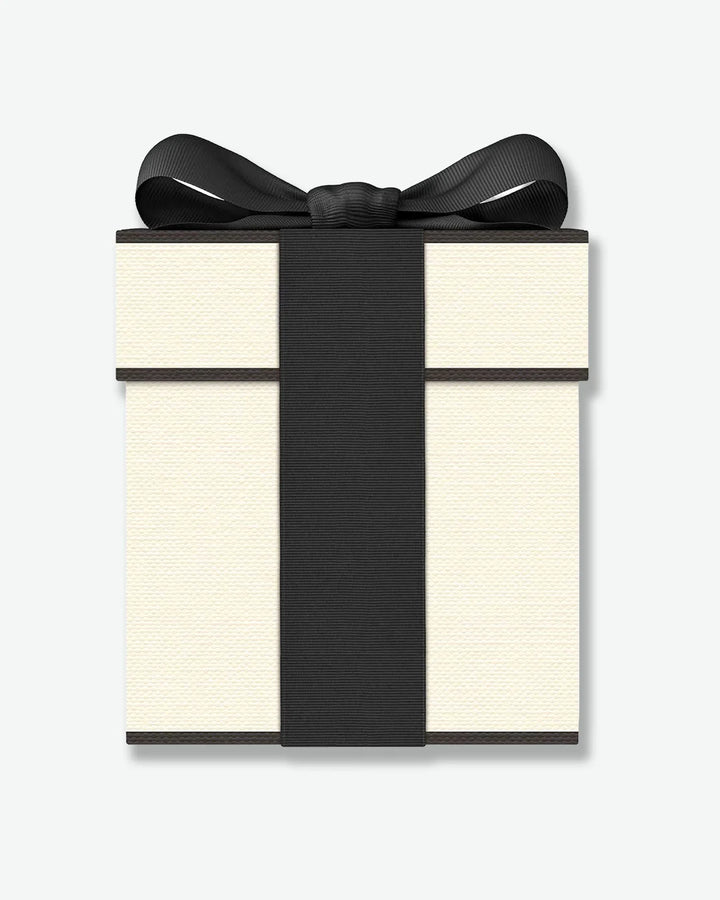 Signature Jo Malone London cream colored gift box with a black ribbon on a white background