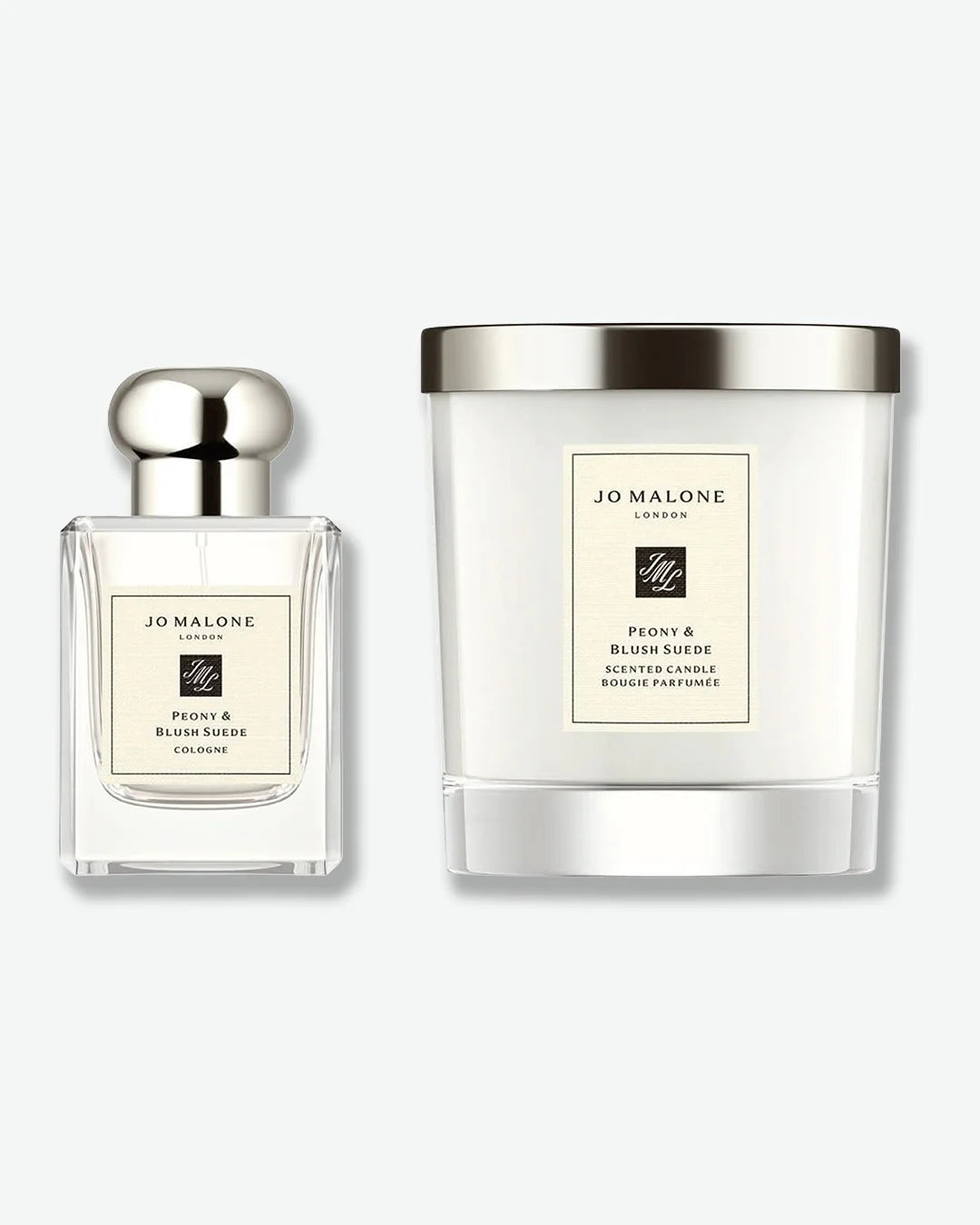 Jo Malone perfume bottle and candle on a white background