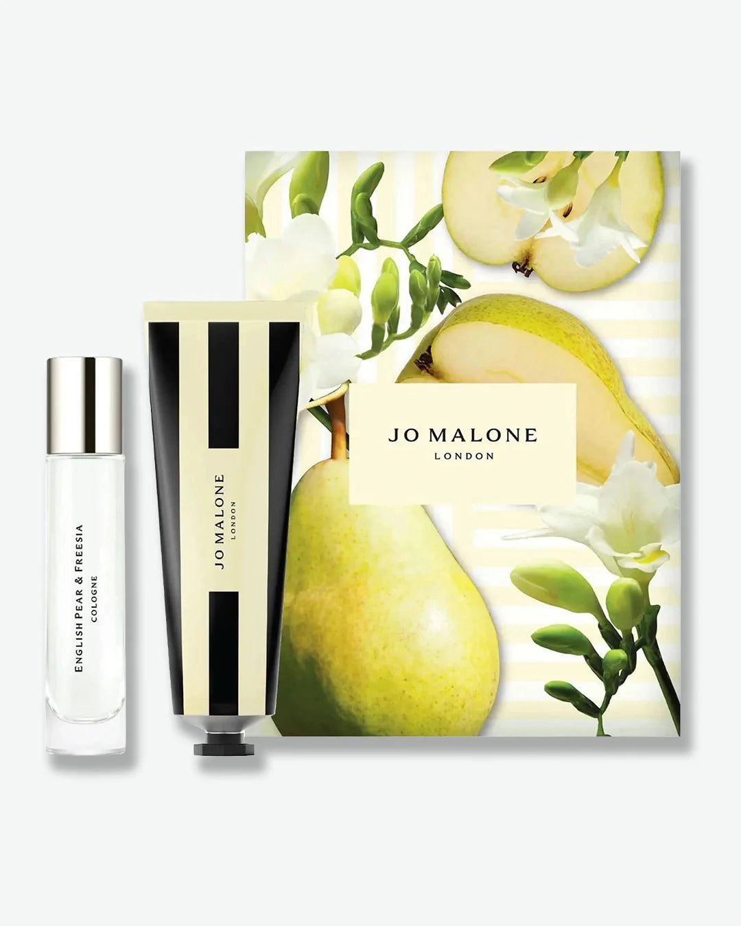 Jo Malone London English Pear & Freesia Cologne set, featuring a standard travel size vial of fragrance with a silver cap next to a cream and black striped tube of hand cream with a black top stood next to a packaging box  decorated with images of green pears and freesia flowers.