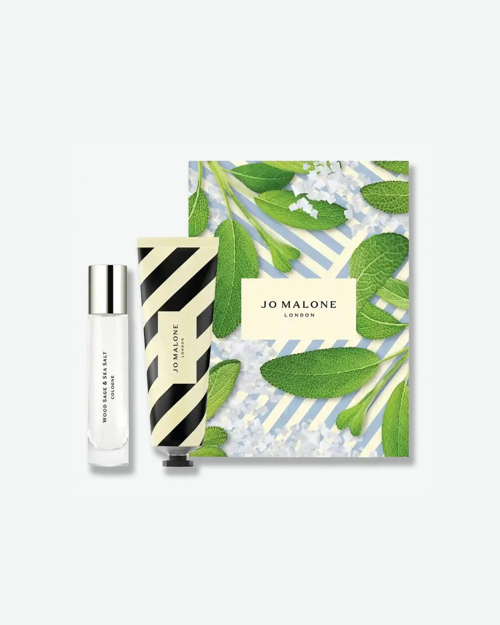 Jo Malone London product set with a bottle and packaging featuring green leaves and striped design.