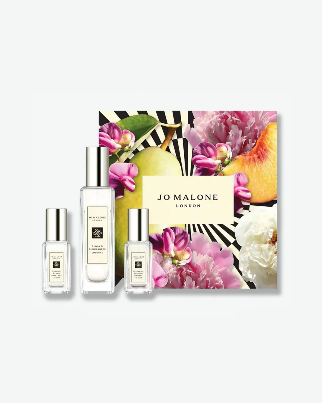 Jo Malone perfume set with floral design packaging on a white background