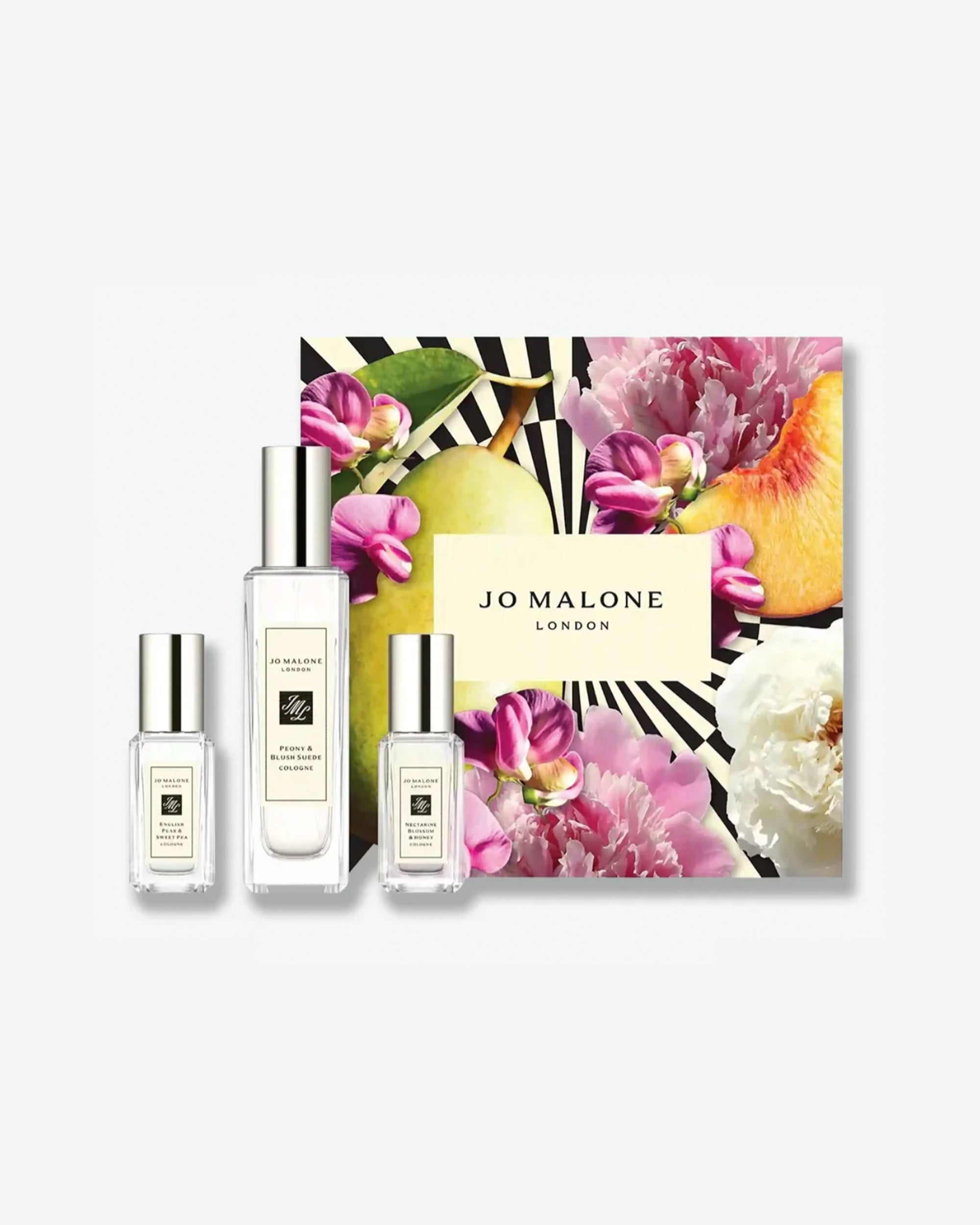 Jo Malone perfume set with floral design packaging on a white background