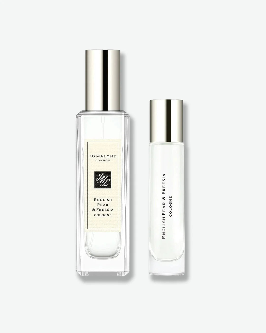 Jo Malone London English Pear & Freesia Cologne set, featuring a standard rectangular spray bottle next to a smaller, slender cylindrical travel-sized bottle, both topped with silver caps.