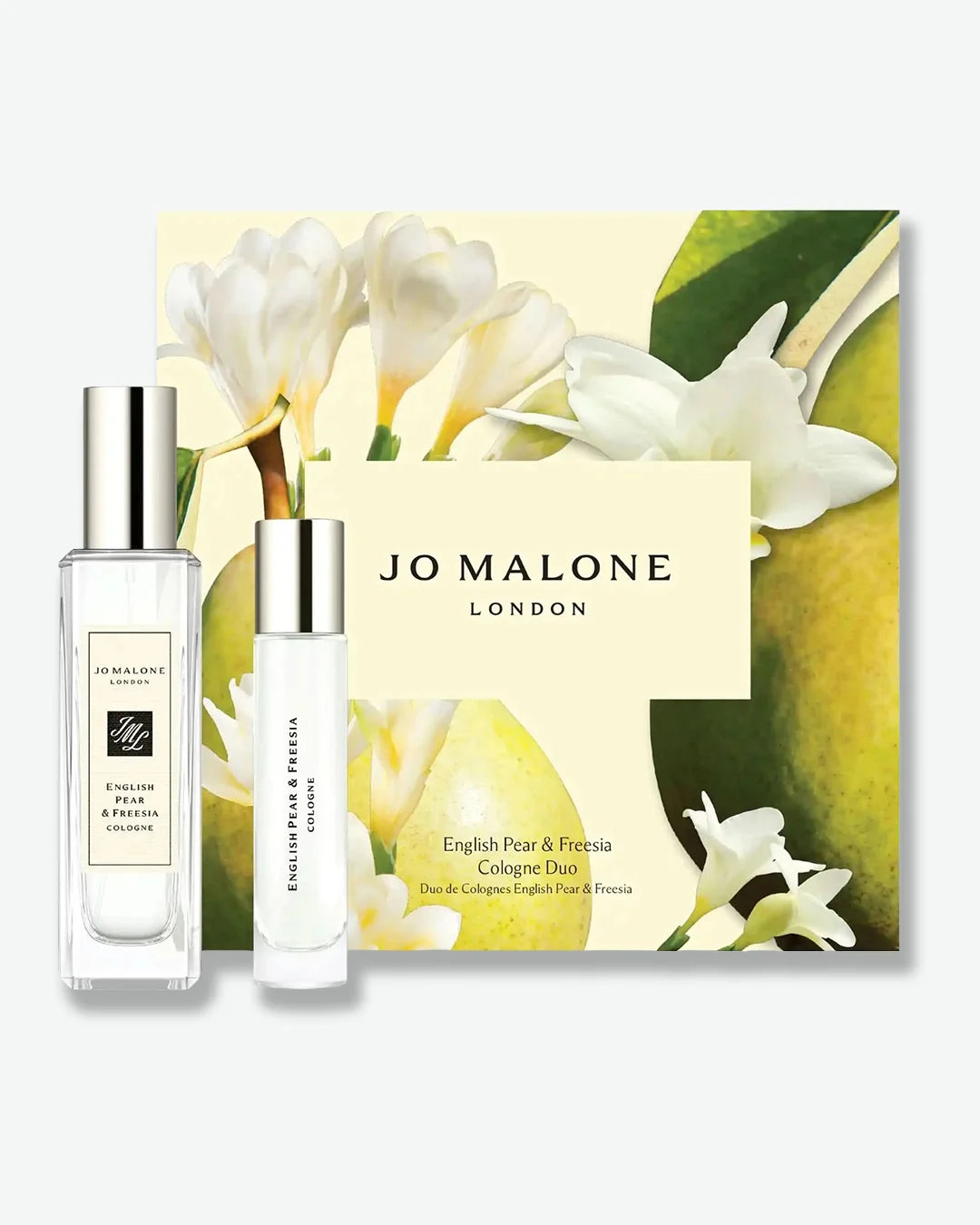 Jo Malone London English Pear & Freesia Cologne Duo gift set, showing the full-size and travel-size bottles standing in front of a decorative yellow and green gift box illustrated with pears and white freesia flowers.