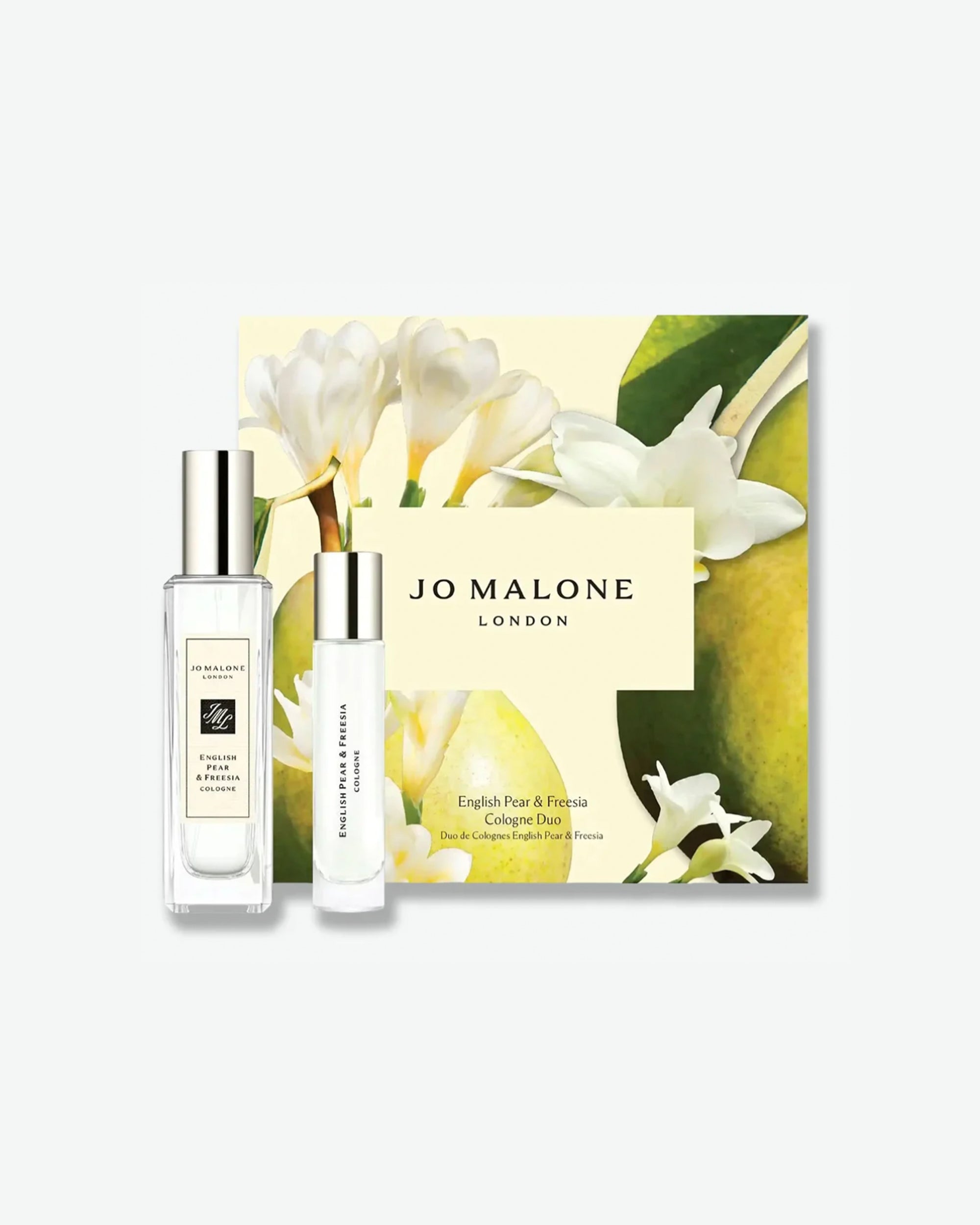 Jo Malone London English Pear & Freesia Cologne Duo gift set, showing the full-size and travel-size bottles standing in front of a decorative yellow and green gift box illustrated with pears and white freesia flowers.
