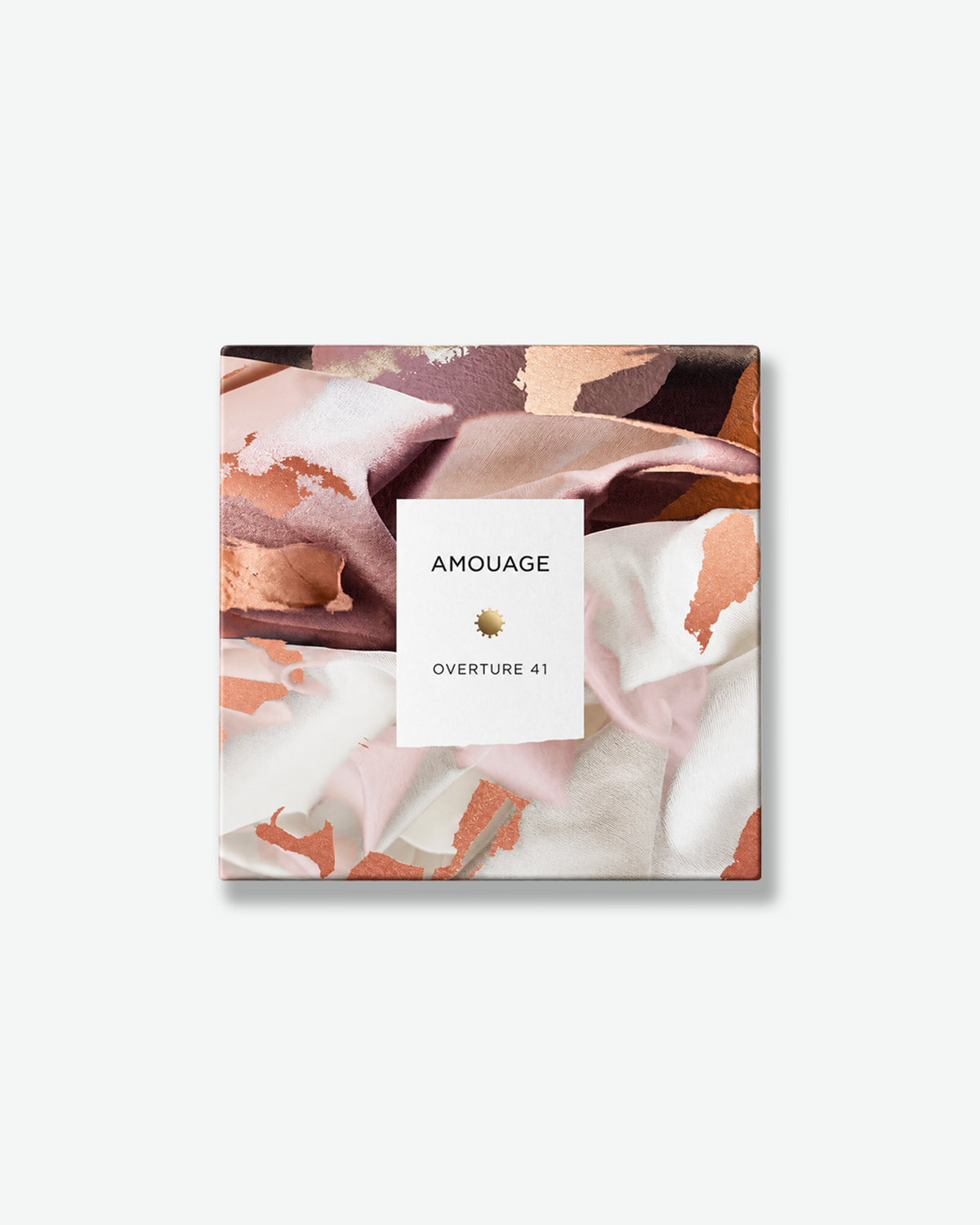 Amouage Overture 41 fragrance box featuring an abstract blush, cream, mauve, and bronze design with a centered white label and gold emblem.