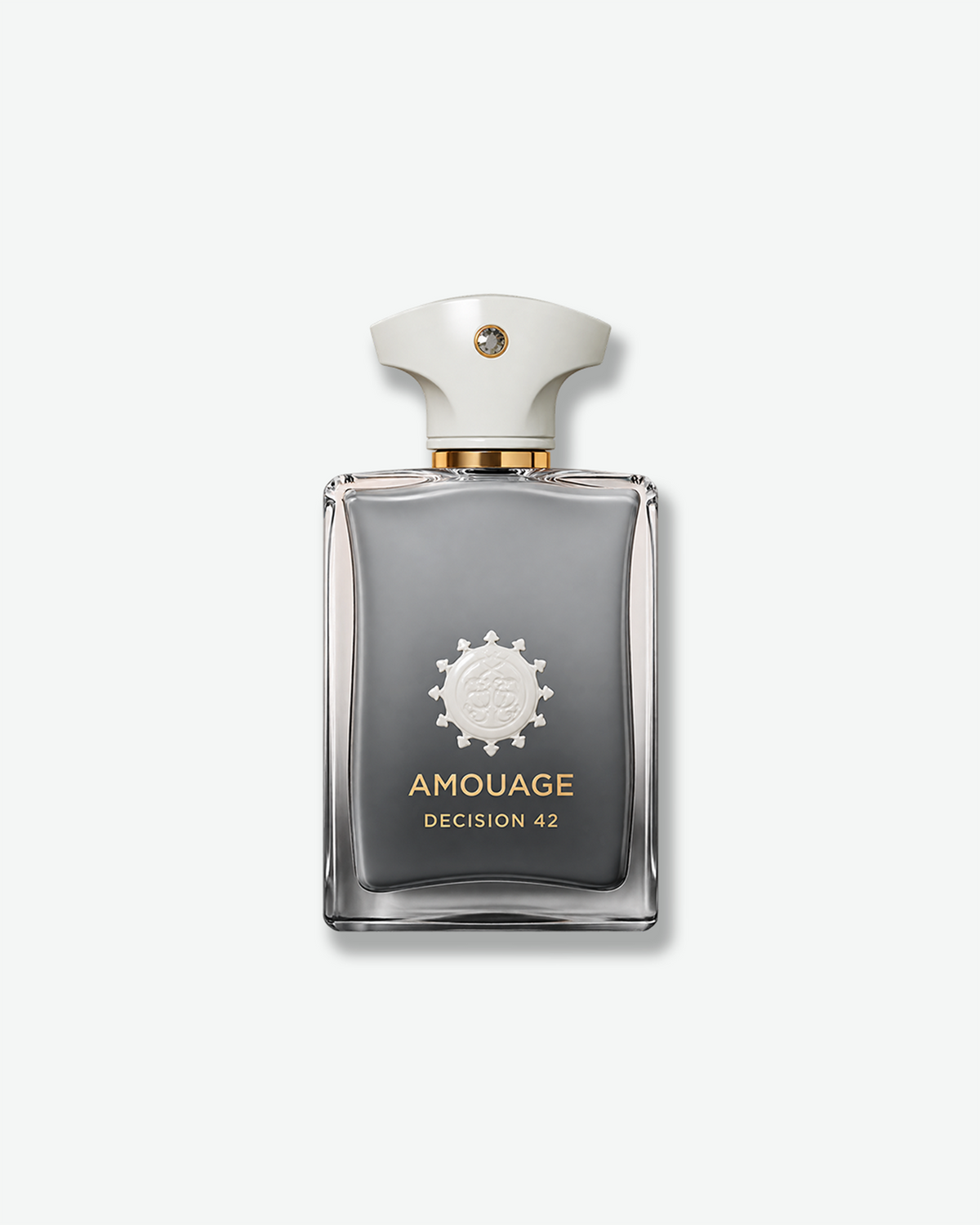 Amouage Decision 42 fragrance bottle with a smoky gray glass design, white sculpted cap, and gold detailing.