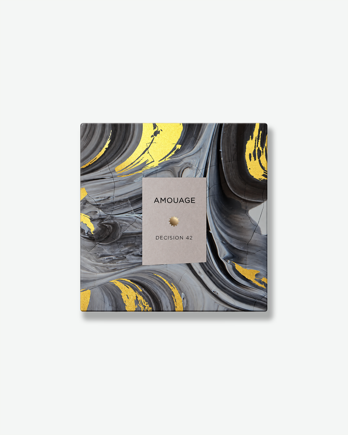 Amouage Decision 42 fragrance box featuring a black, gray, and white marbled design with metallic gold accents.