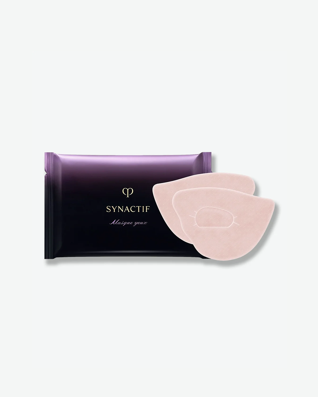 Clé de Peau Beauté Synactif Eye Mask deep purple single-use sachet packet, displayed next to two light pink fabric eye patches.