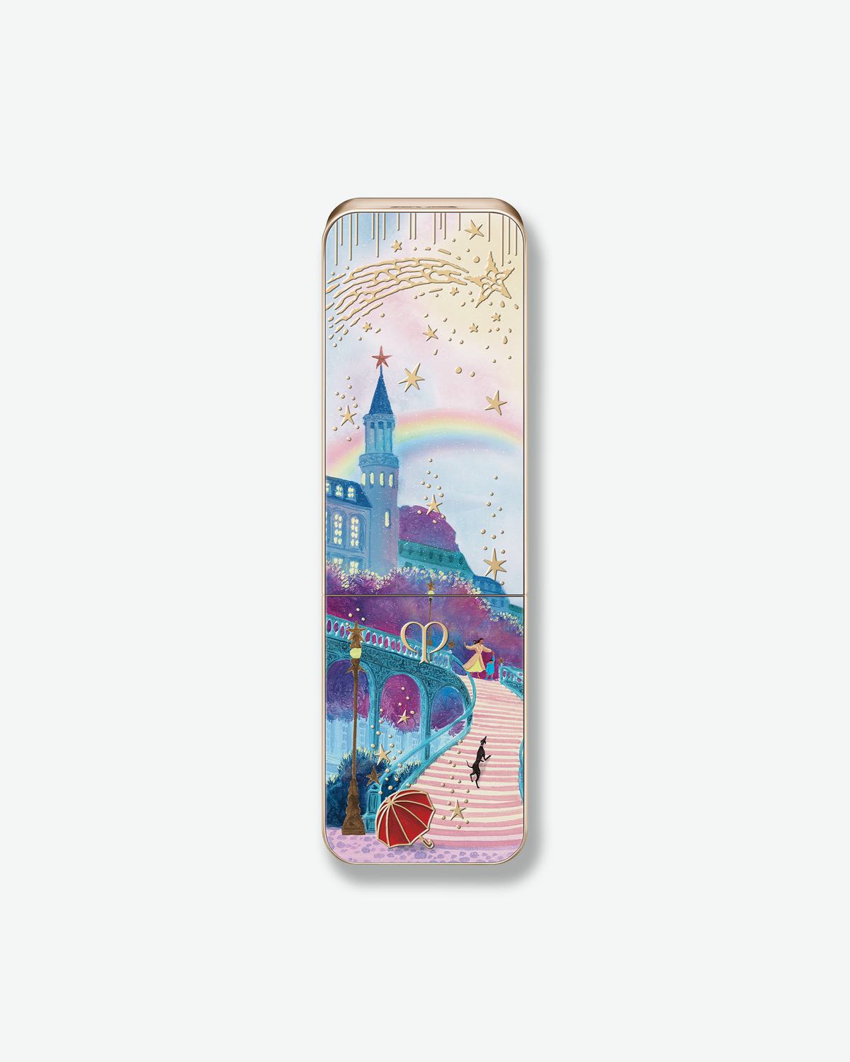 Clé de Peau Beauté limited-edition holiday lipstick case featuring a whimsical illustrated staircase, rainbow, and gold stars.
