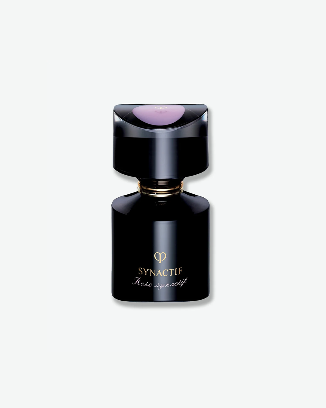 A product shot of a Clé de Peau Beauté Synactif Rose Synactif fragrance bottle, centered against a plain light gray background. The bottle features a sleek, cylindrical black base with the gold Clé de Peau logo and the words "SYNACTIF" and "Rose synactif" written in elegant gold lettering. It is topped with a prominent, matching glossy black cap that has a subtle, curved purple accent on its top surface.