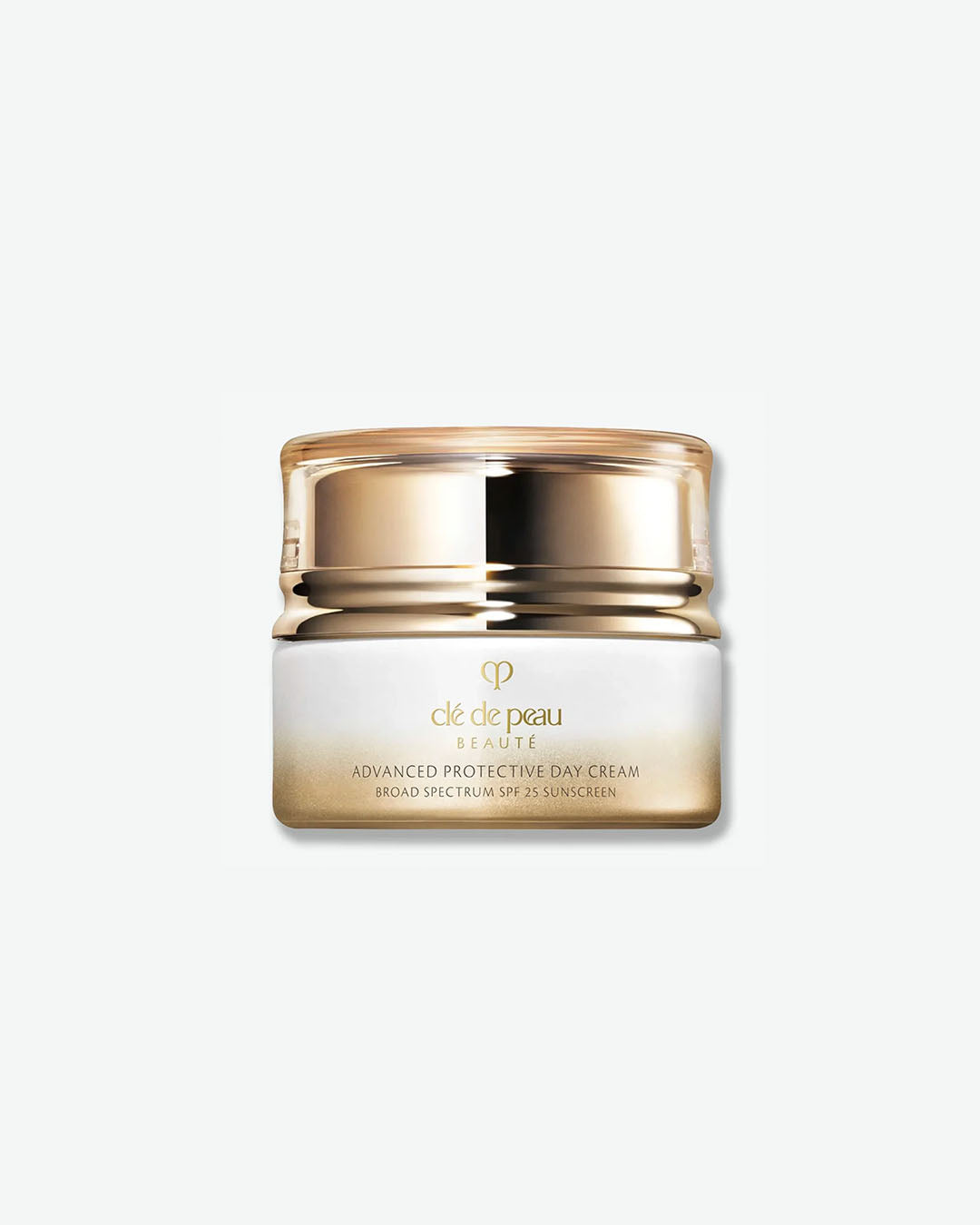 A product shot of Clé de Peau Beauté Advanced Protective Day Cream. The cream is housed in a luxurious, wide glass jar with a soft white-to-gold gradient base and a reflective, metallic gold screw-on lid. The elegant brand logo and product name are printed in gold on the front.