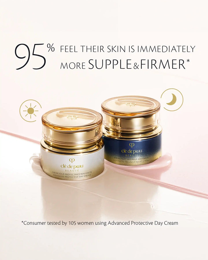 Clé de Peau Beauté advertisement featuring the Advanced Protective Day Cream jar with a sun icon and the Advanced Intensive Night Cream jar with a moon icon. Text reads: "95% feel their skin is immediately more supple & firmer."