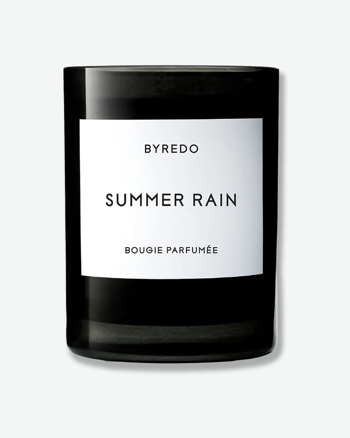 Black jar of Byredo Summer Rain candle on a white background