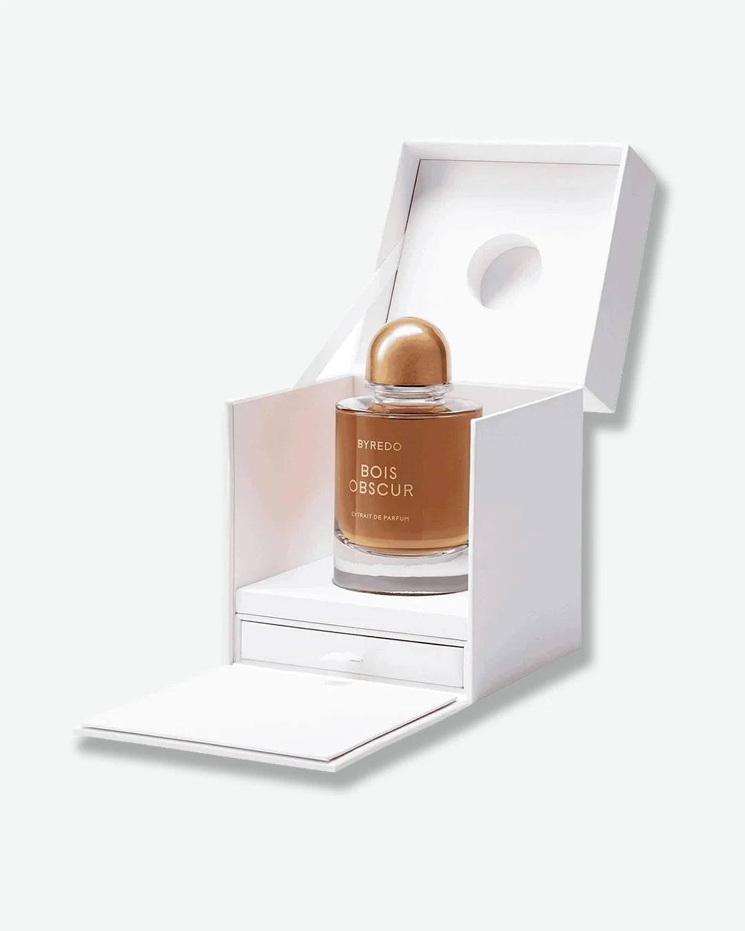 Perfume bottle labeled 'Bois Obscur' by Byredo in a white box on a white background