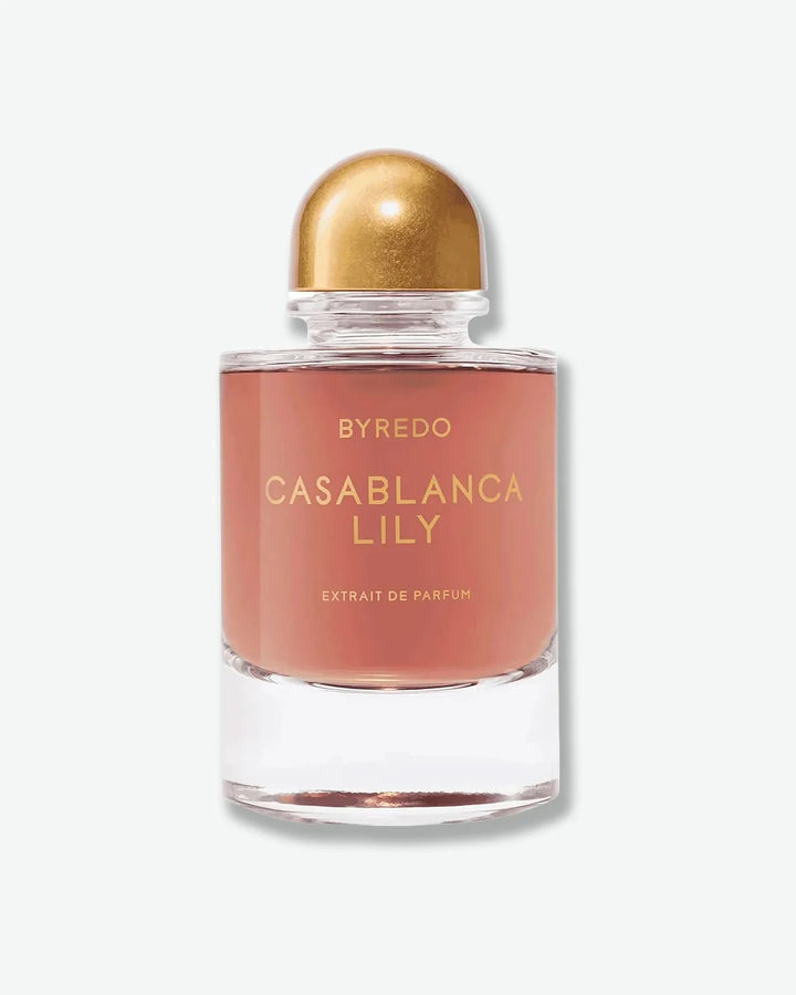Byredo Casablanca Lily perfume bottle with gold cap on a white background