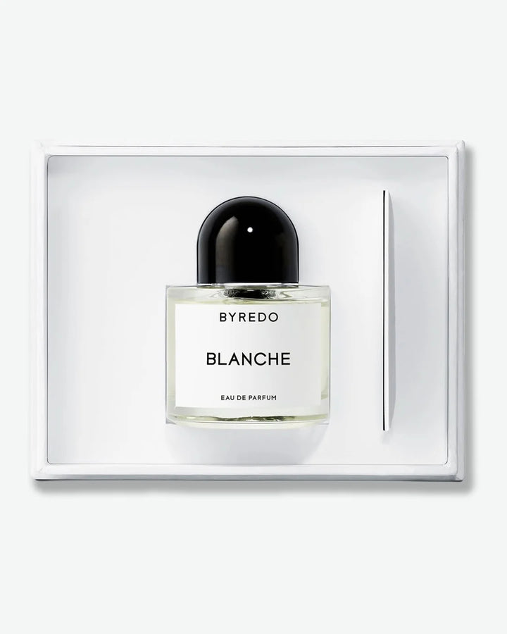 Byredo Blanche perfume bottle inside a white box on a white background