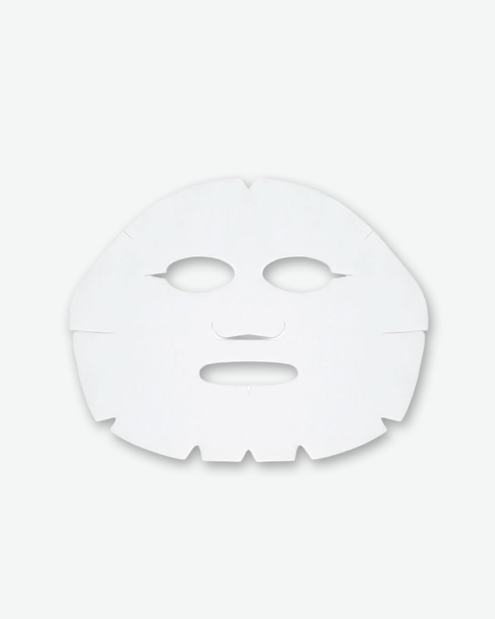 A single, unfolded white cloth sheet mask designed for facial skincare. The mask is centered against a solid light gray background with a soft drop shadow behind it, showing clean cutouts for the eyes, a flap for the nose, an opening for the mouth, and small slits along the outer edges to help it contour to the face.