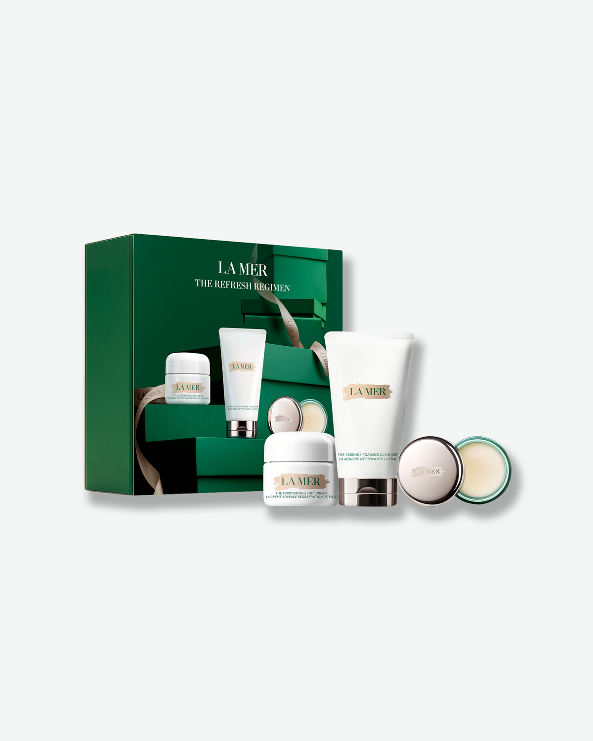La Mer The Refresh Regimen products displayed with the coordinating green gift box.
