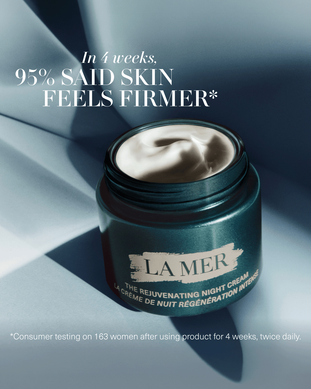 La Mer The Rejuvenating Night Cream shown open with text highlighting that 95% of women said skin felt firmer after four weeks.