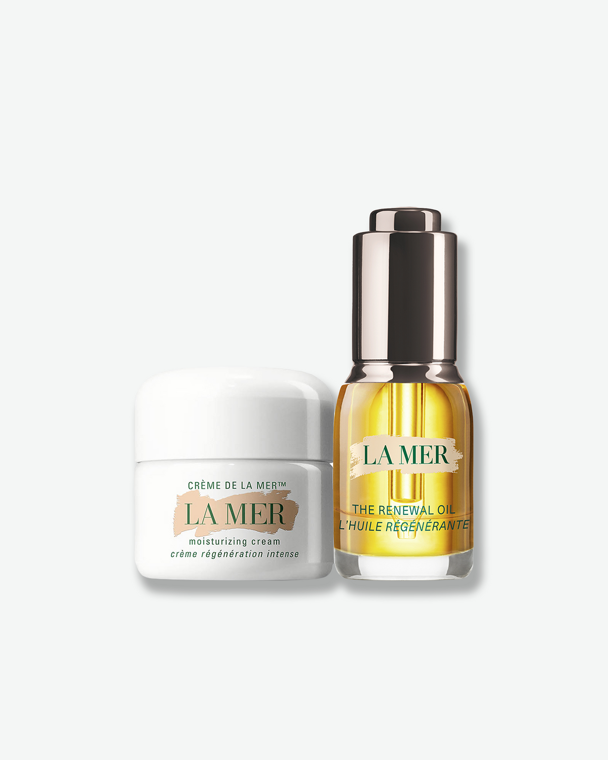 La Mer Crème de la Mer Moisturizing Cream and The Renewal Oil displayed side by side on a light background.