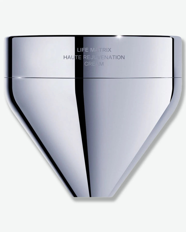 Silver jar of Life Matrix Haute Rejuvenation Cream on a white background
