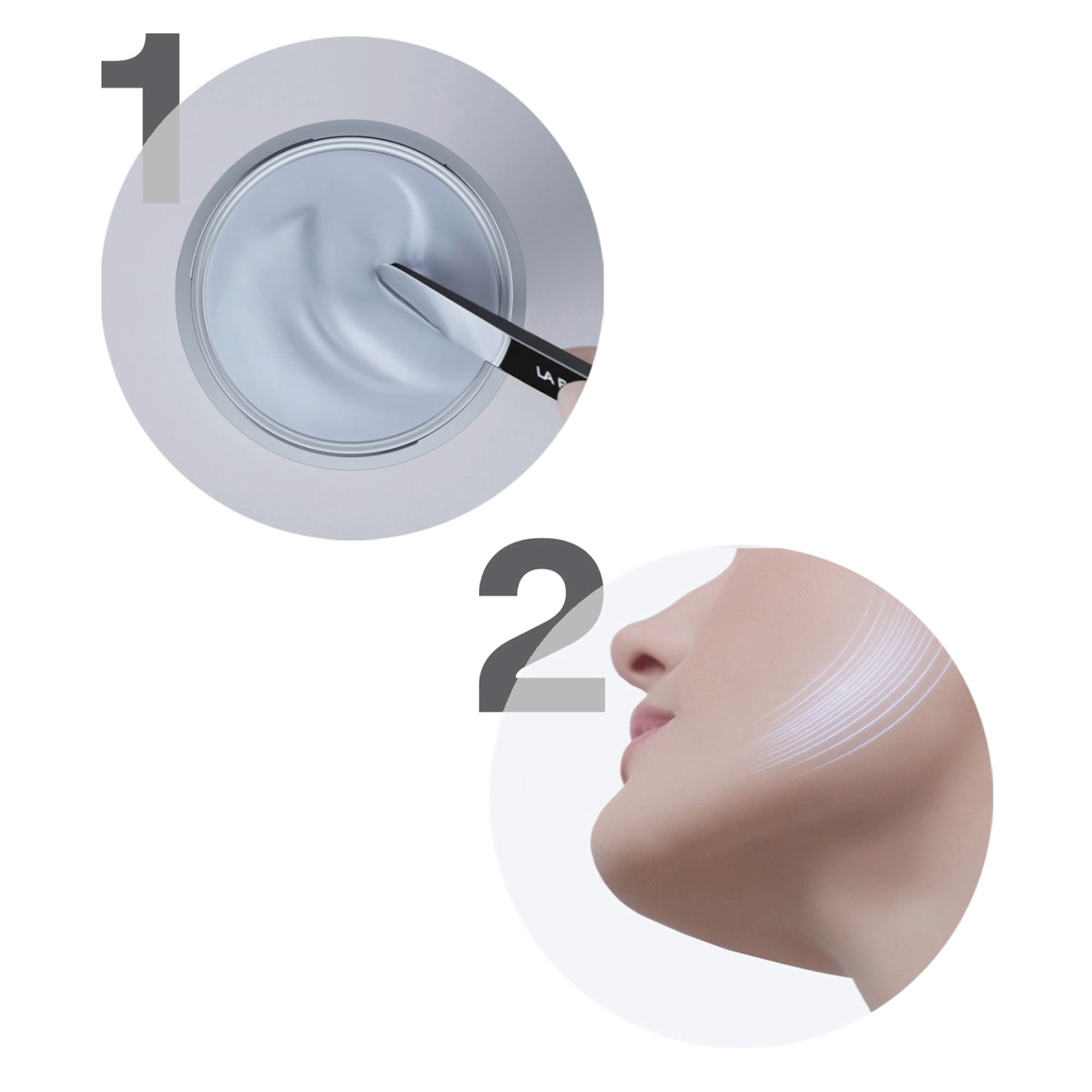 Step-by-step process of applying a skincare product with a close-up of cream and a person's face.