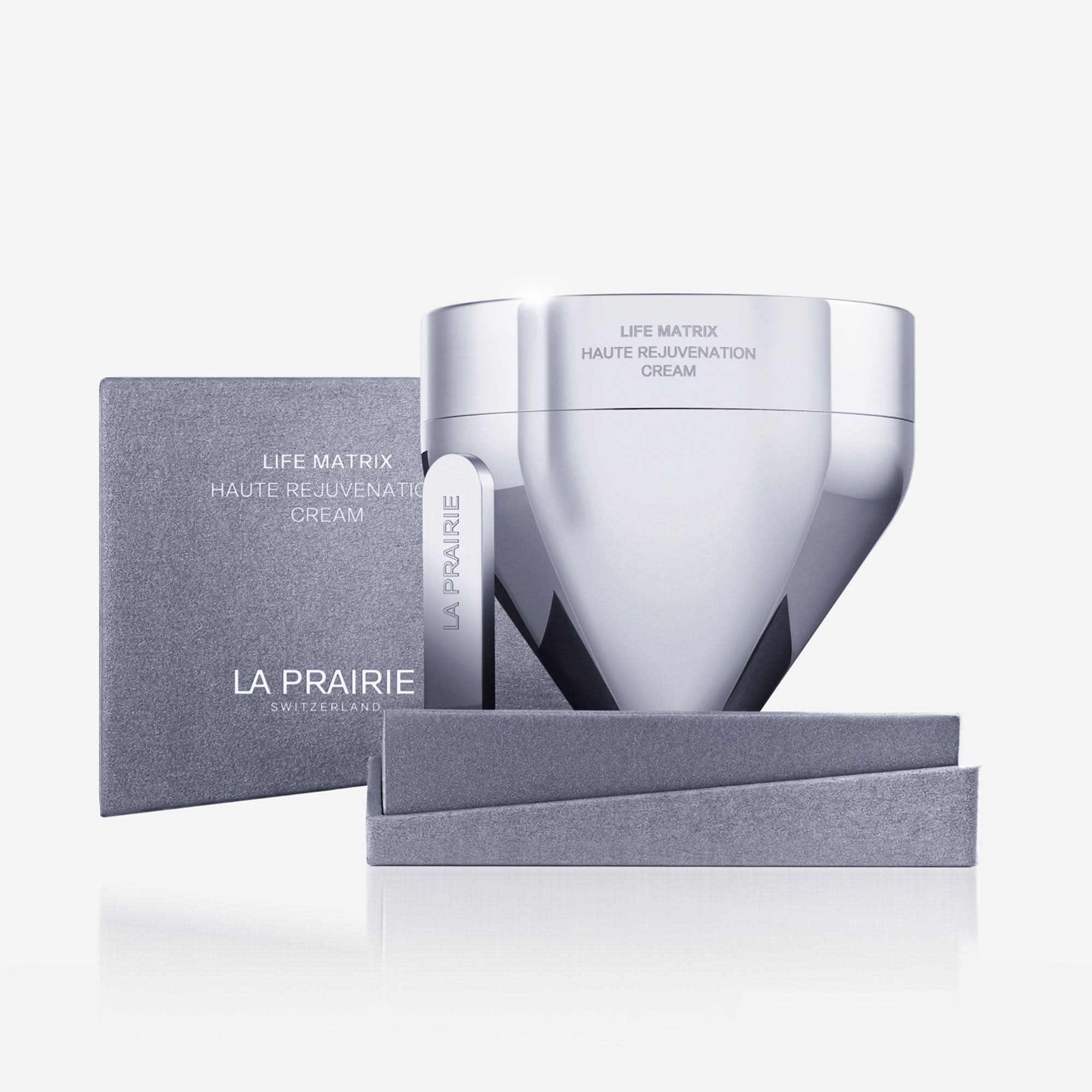 La Prairie Life Matrix Hauter Rejuvenation Cream with packaging on a light gray background