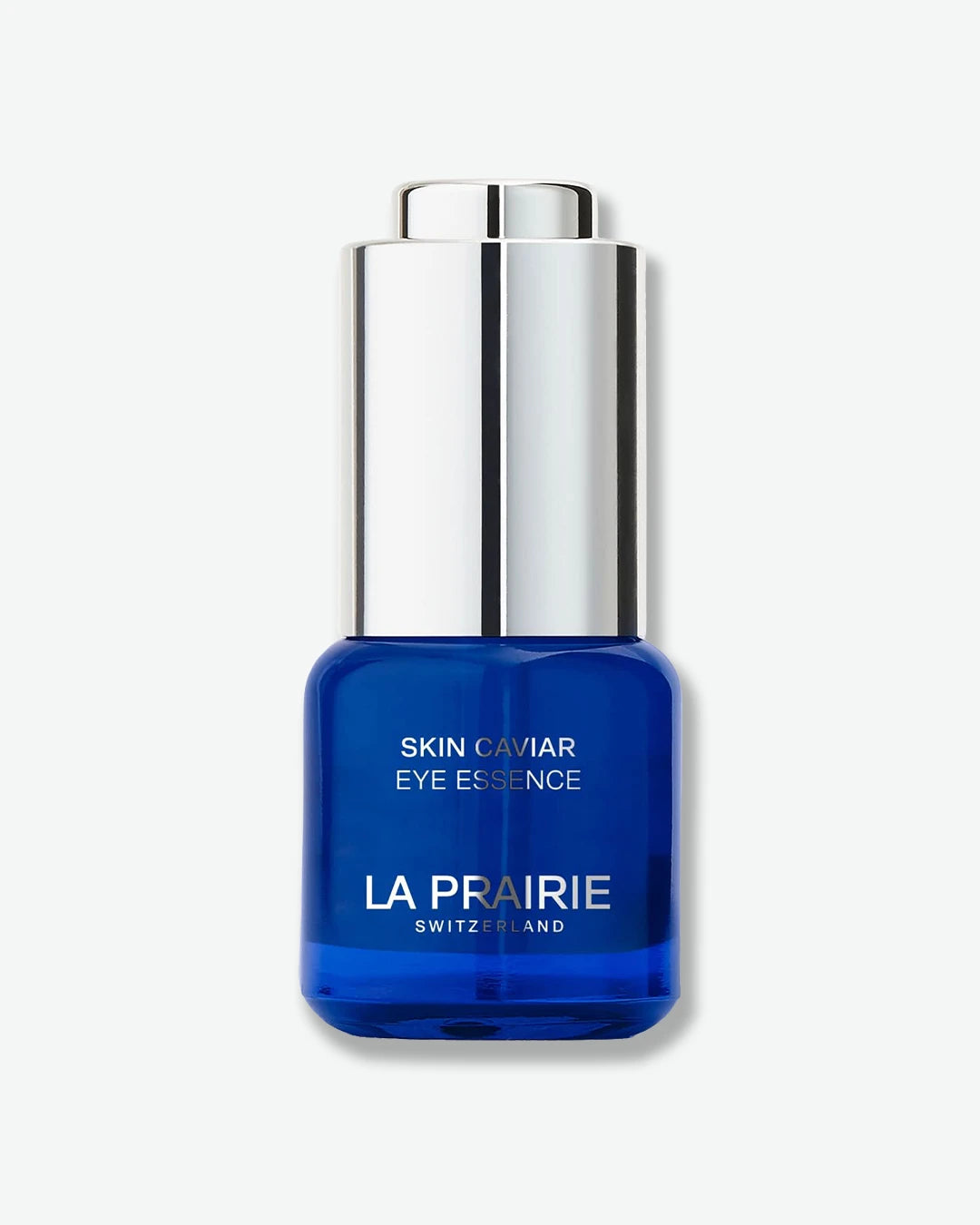 Blue bottle of La Prairie Skin Caviar Eye Essence on a white background