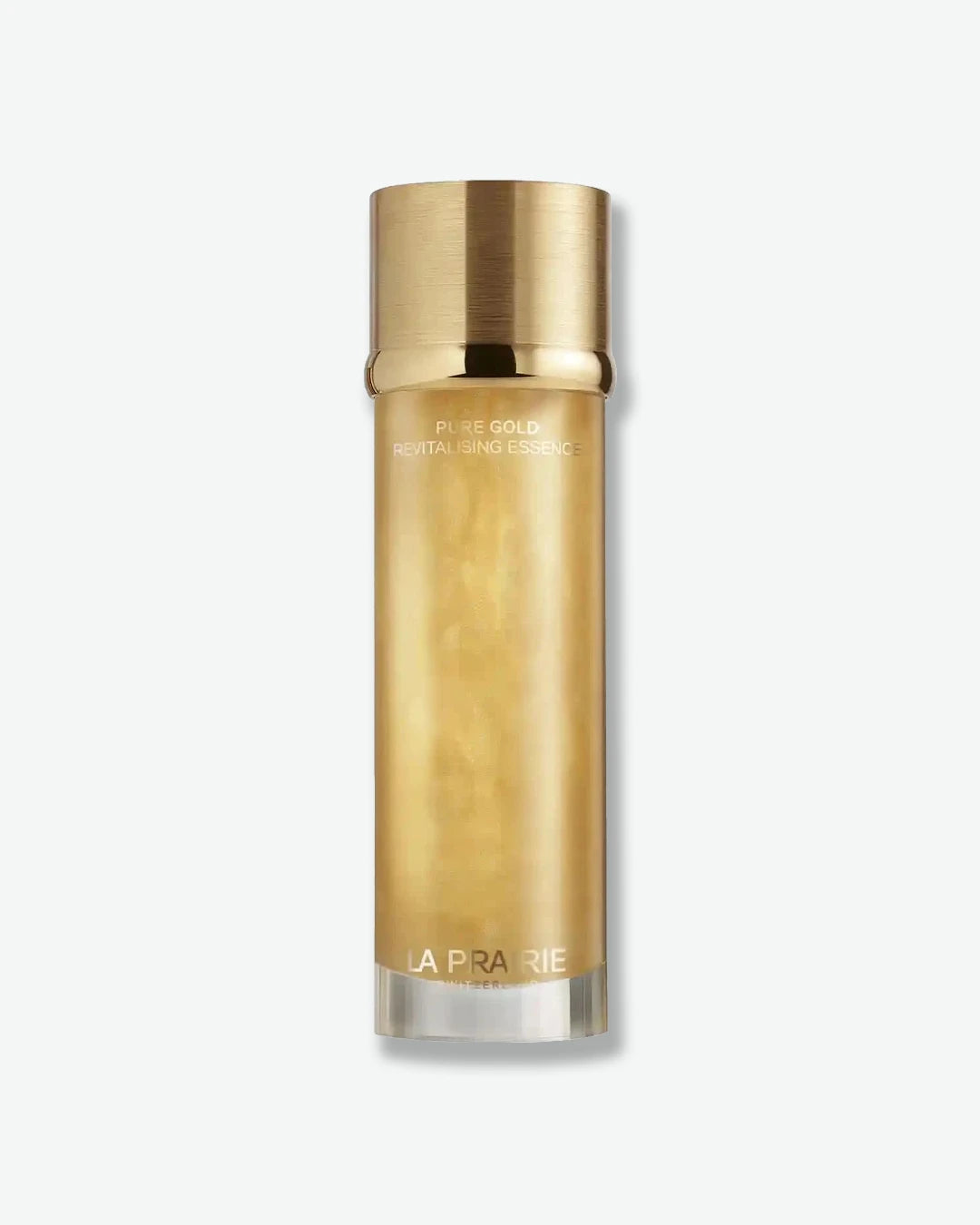 Gold bottle with 'La Prairie' branding on a white background