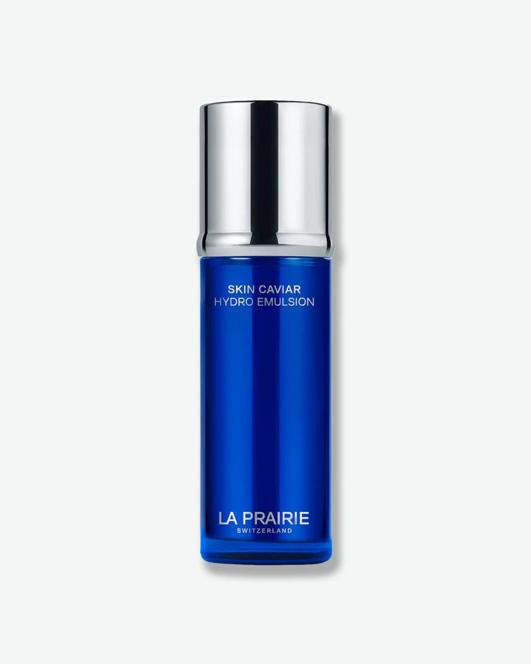 Blue skincare bottle with silver cap on a white background
