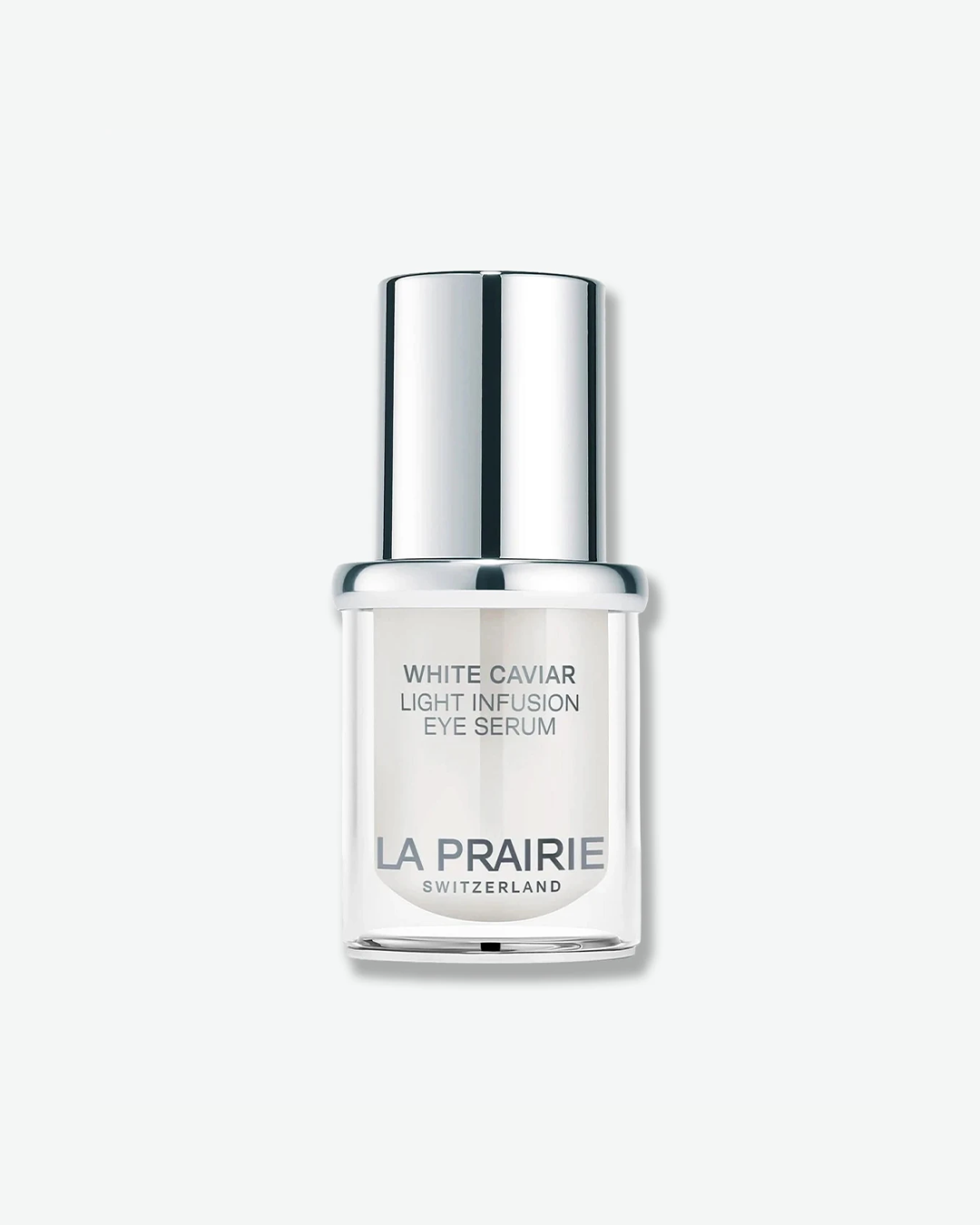 La Prairie White Caviar Light Infusion Eye Serum in a sleek clear glass bottle showcasing the milky white formula, topped with a polished silver pump cap, isolated on a light grey background.