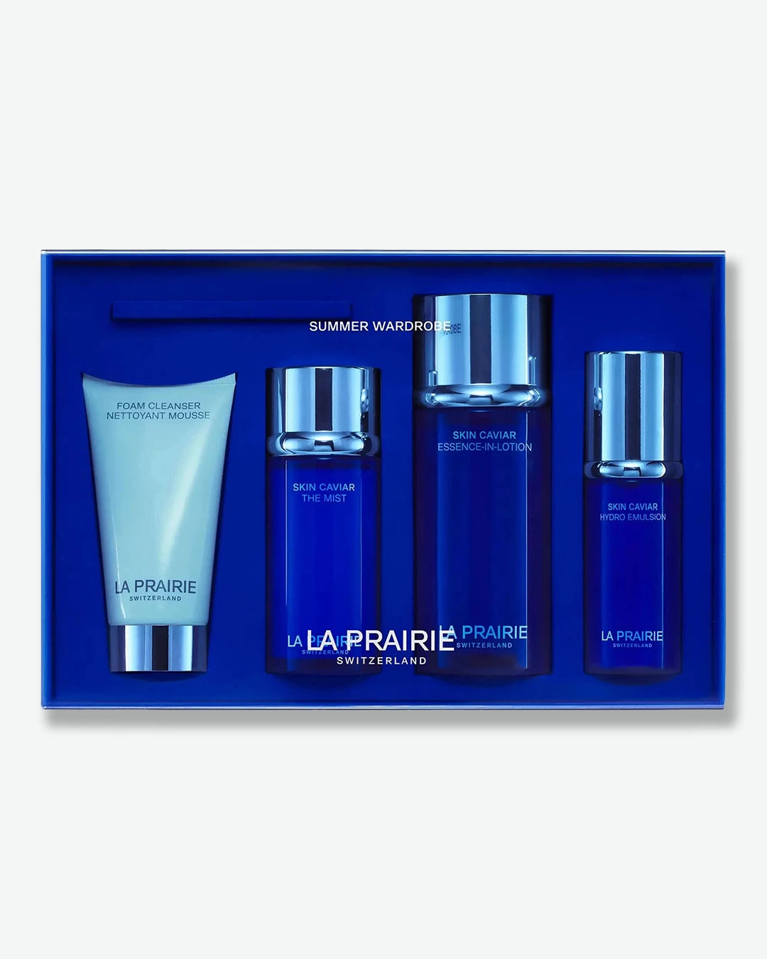 La Prairie skincare set with four products in a blue box on a white background