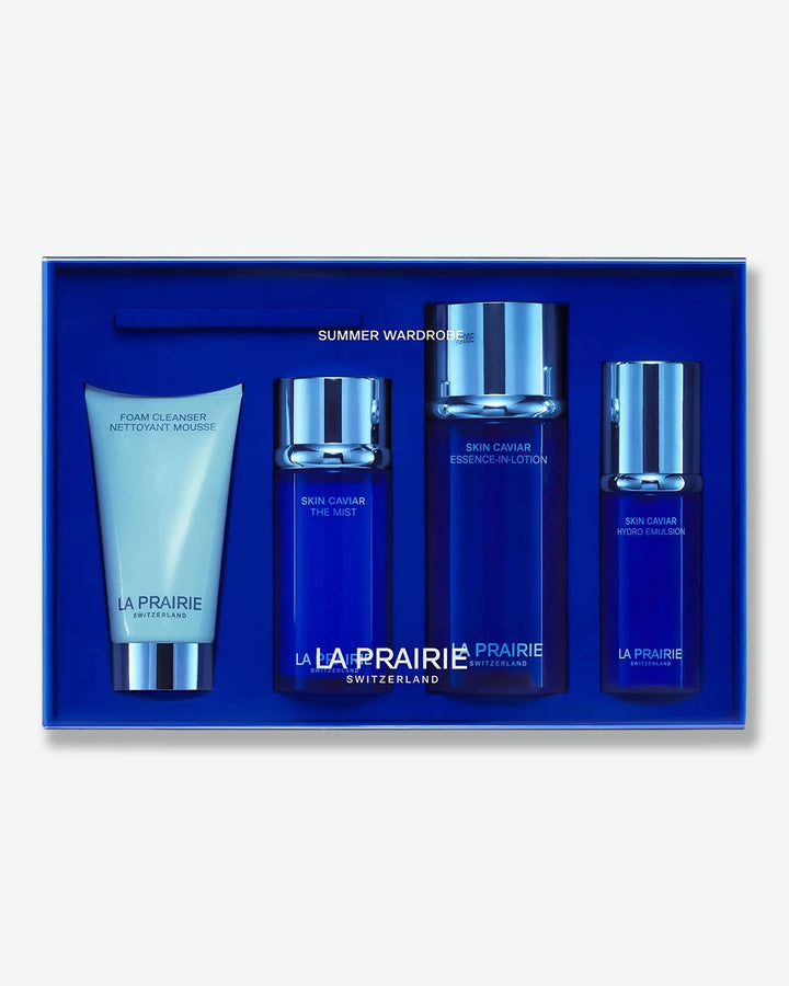 La Prairie skincare set with four products in a blue box on a white background