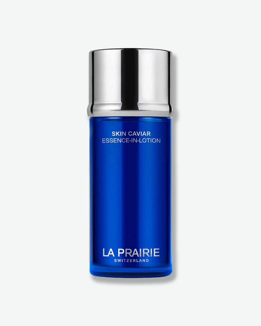 Blue skincare bottle with silver cap on a white background, featuring La Prairie branding.