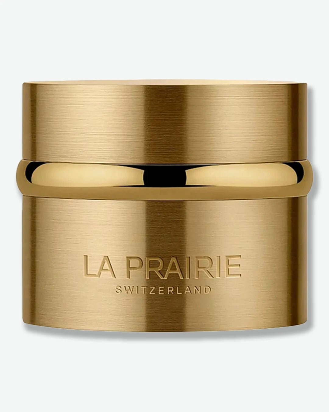 Gold container with 'La Prairie Switzerland' branding on a white background