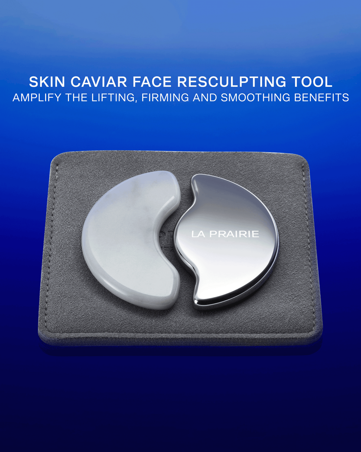 La Prairie Skin Caviar Face Resculpting Tool shown in its grey case against a blue background, designed to enhance the lifting, firming and smoothing benefits of the skincare ritual.