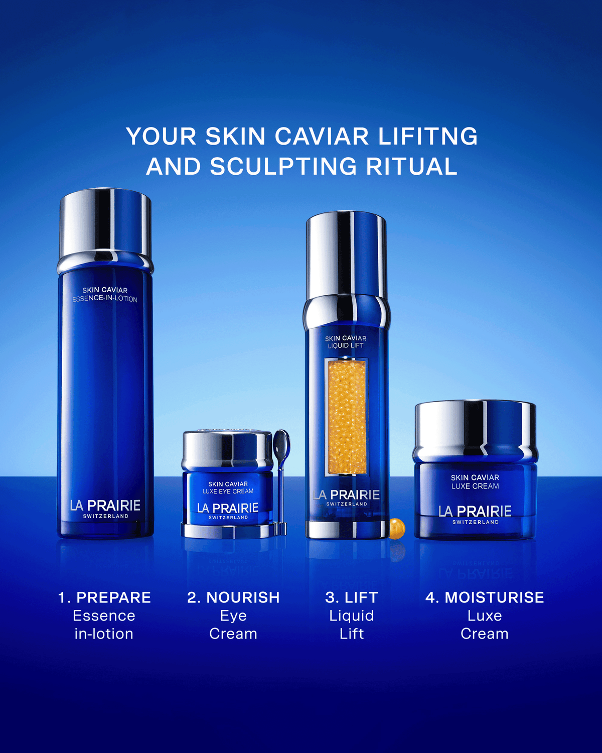 La Prairie Skin Caviar lifting and sculpting ritual featuring Essence-in-Lotion, Luxe Eye Cream, Liquid Lift and Luxe Cream arranged in a four-step skincare routine against a vivid blue background.