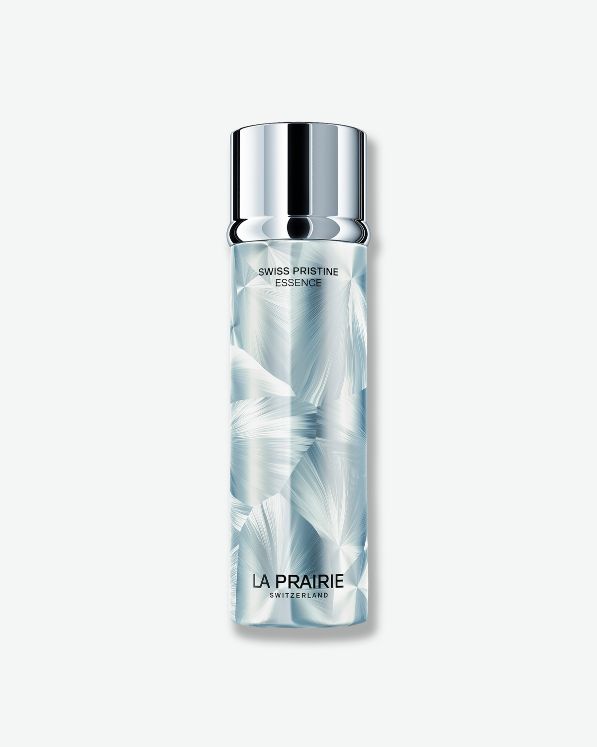 La Prairie Swiss Pristine Essence in an icy blue faceted bottle with a reflective silver cap against a clean white background.