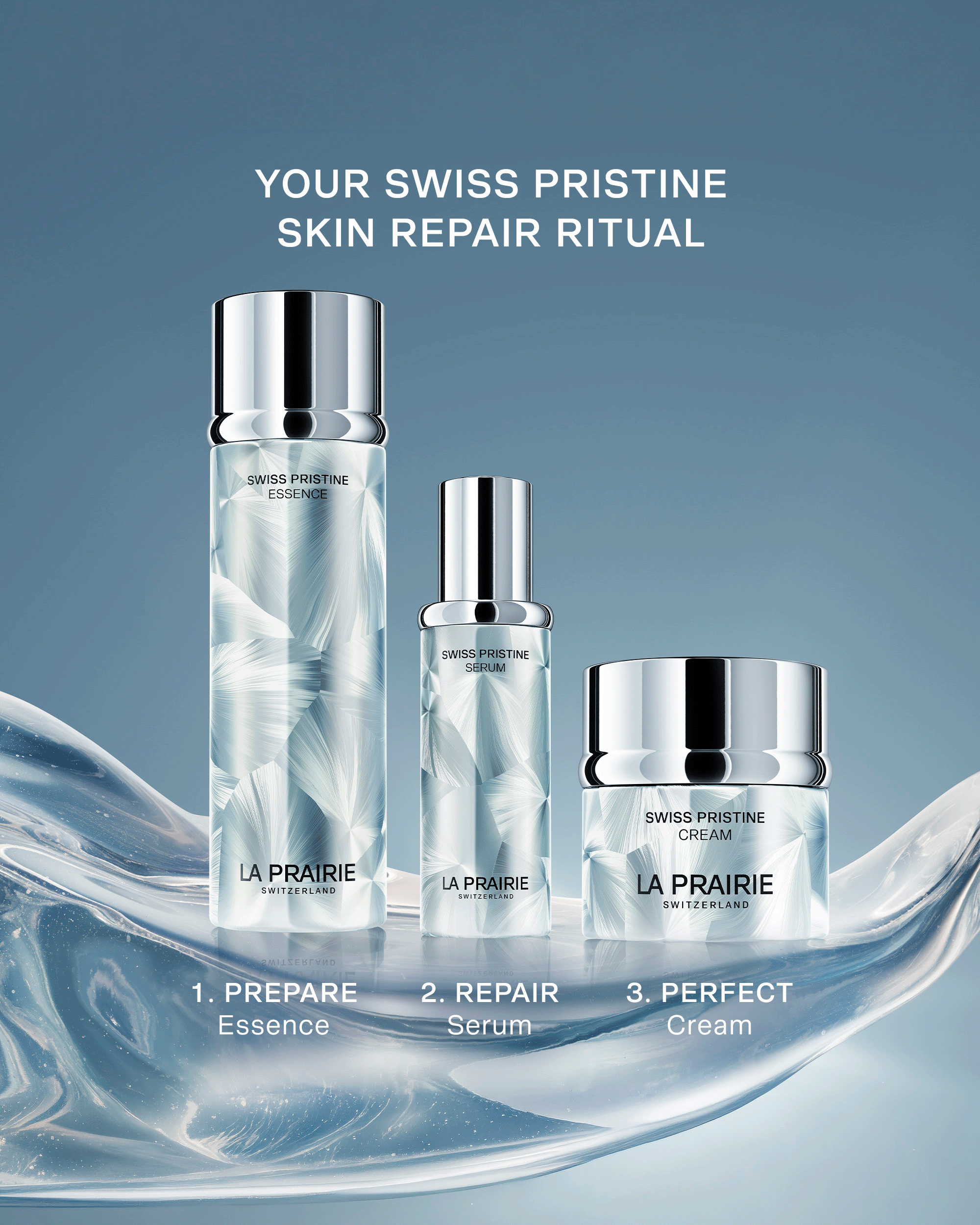 The complete La Prairie Swiss Pristine Skin Repair Ritual featuring Essence, Serum, and Cream in three steps: Prepare, Repair, and Perfect.