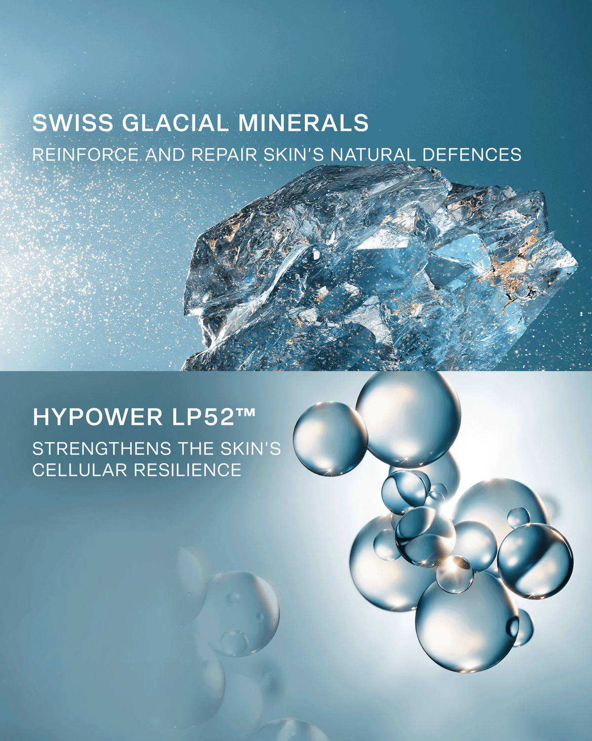 Icy blue crystal imagery highlighting Swiss Glacial Minerals and Hypower LP52™, designed to reinforce and repair skin’s natural defenses and strengthen cellular resilience.