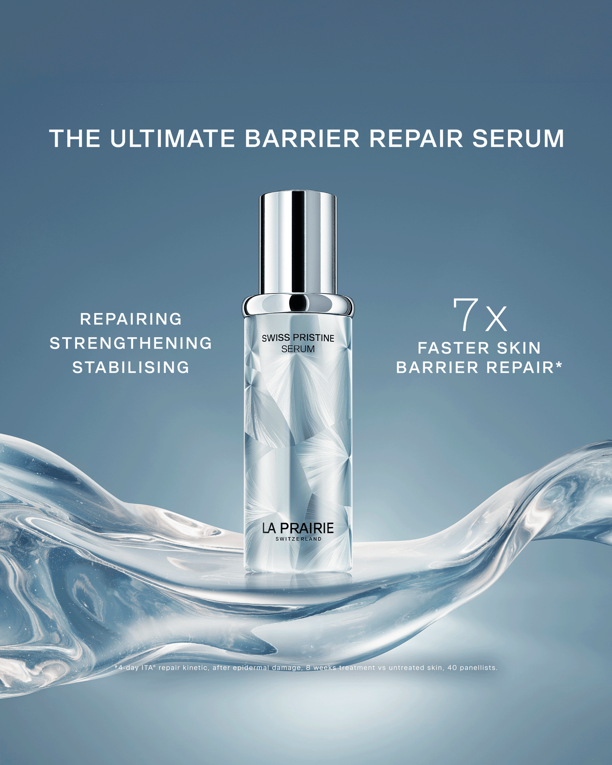 La Prairie Swiss Pristine Serum centered over a sculptural wave of clear ice with claims for repairing, strengthening and stabilizing the skin barrier, including 7x faster skin barrier repair.