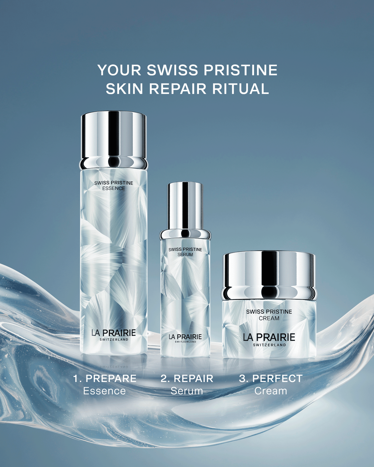 La Prairie Swiss Pristine Essence, Serum and Cream displayed together over an icy wave, illustrating the three-step Swiss Pristine Skin Repair Ritual: Prepare, Repair and Perfect.