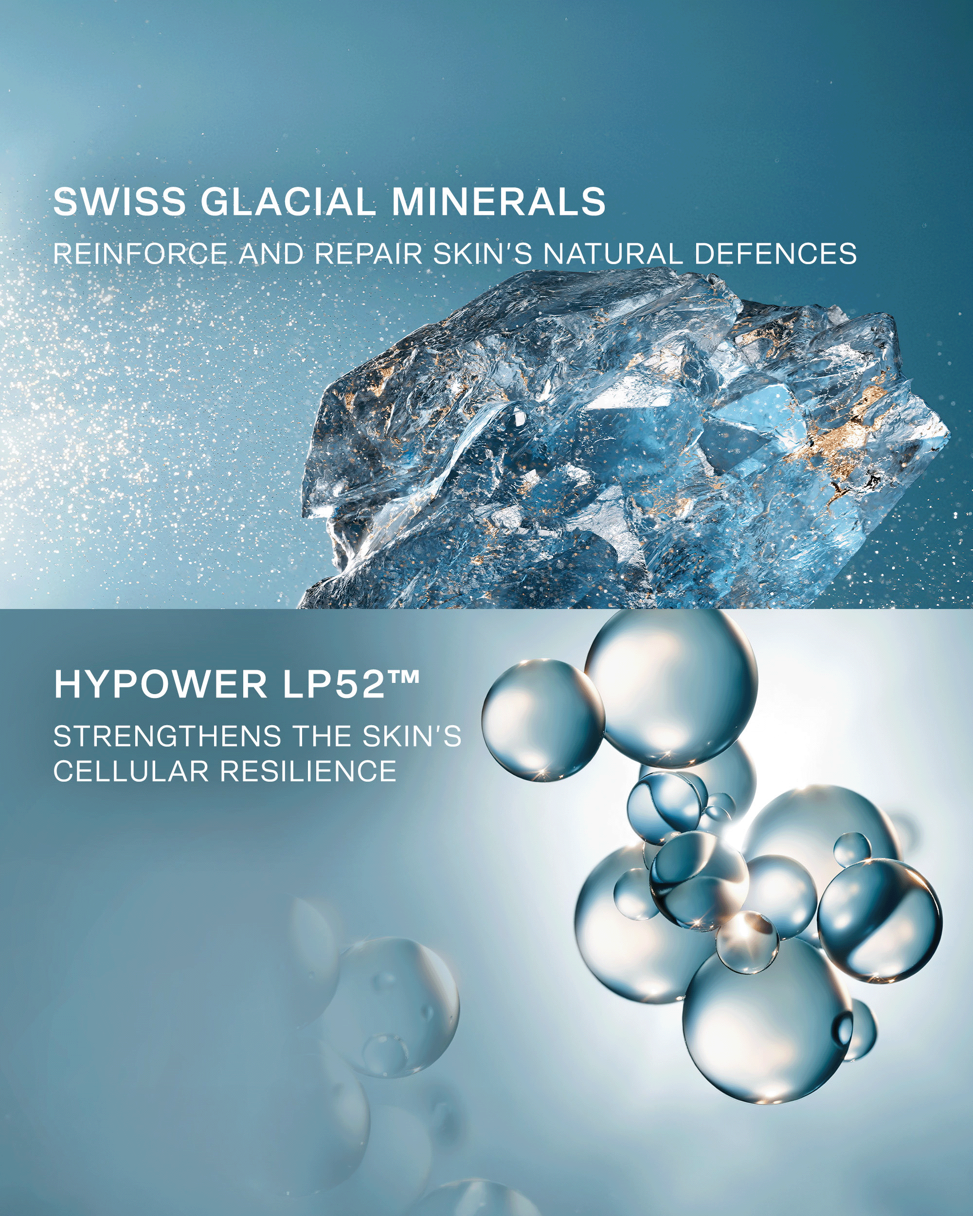 Swiss Glacial Minerals and HYPOWER LP52™ highlighted as key technologies that help reinforce skin’s natural defenses and support cellular resilience.