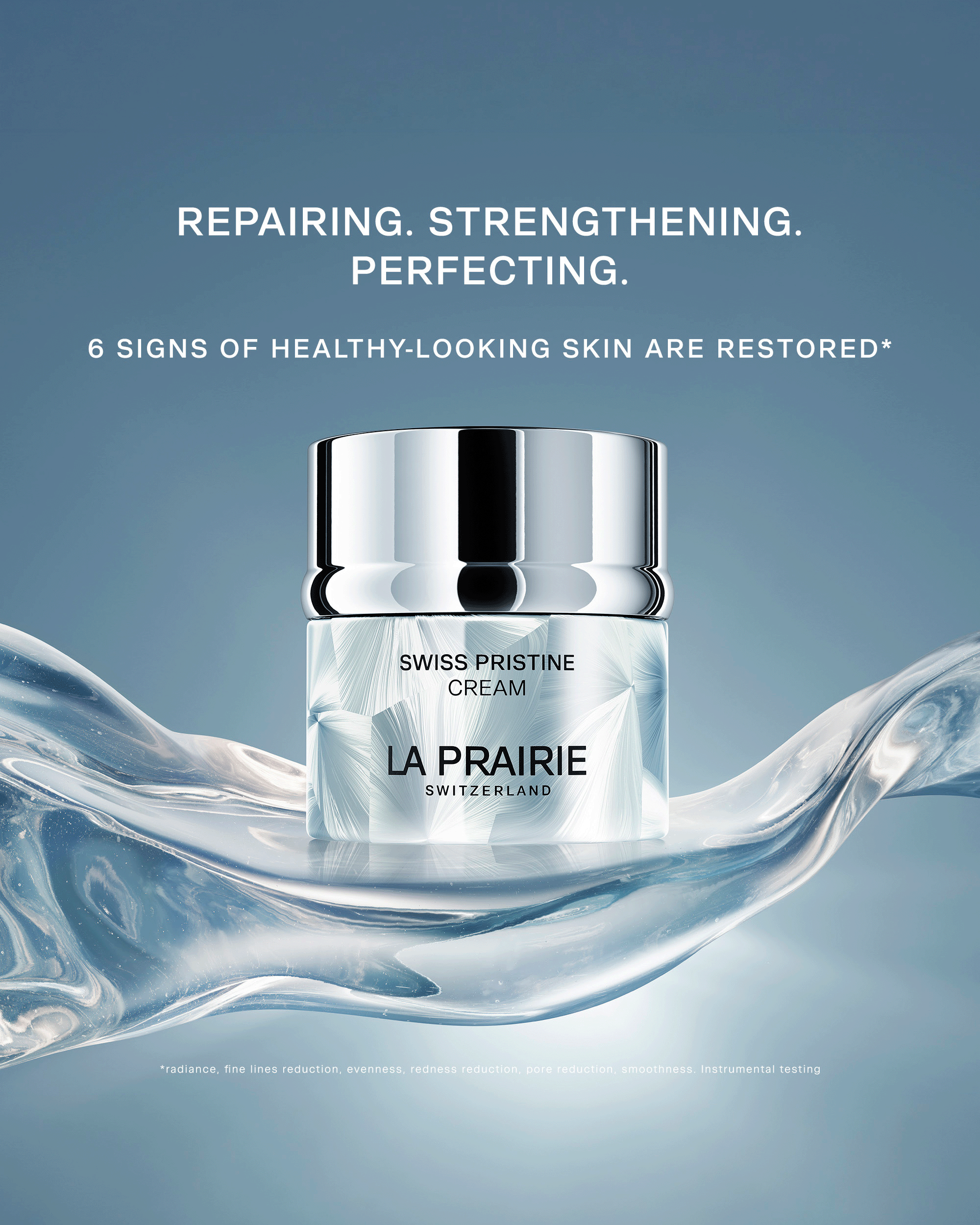Swiss Pristine Cream displayed on a sculptural icy surface with messaging around repairing, strengthening, and perfecting six signs of healthy-looking skin.